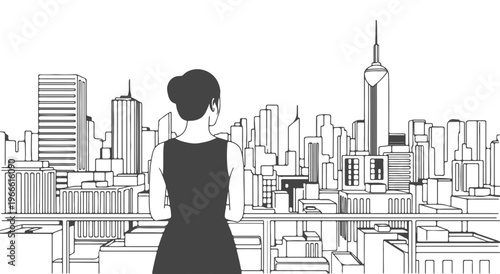 Continuous line art of woman in black dress viewing city skyline, monochrome urban scene