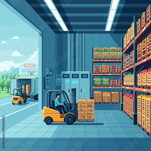 Forklift truck moving pallets of goods inside a large, modern warehouse with high shelving units filled with produce.