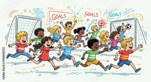 Children playing soccer with goals and excitement in the field.