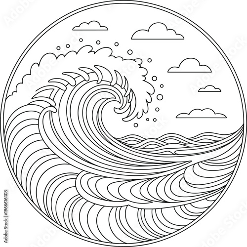 Circular line of a curling ocean wave with clouds water