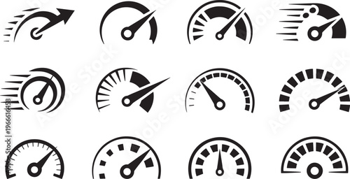 Collection of black speedometers and gauges on white background