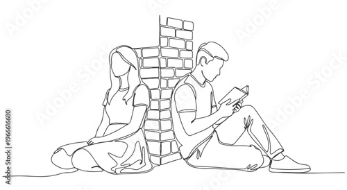 Continuous line art of man and woman sitting on ground with phones, brick wall backdrop