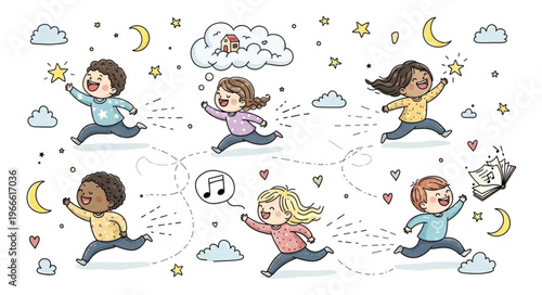 Children running and reaching for stars and clouds in the sky.
