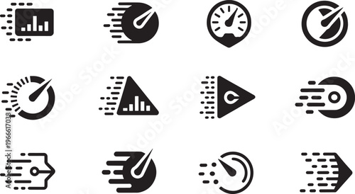 Set of speed and performance gauge icons in black velocity