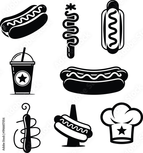 Black and white hot dog with soda and chef hat hotdog sausage food fast food