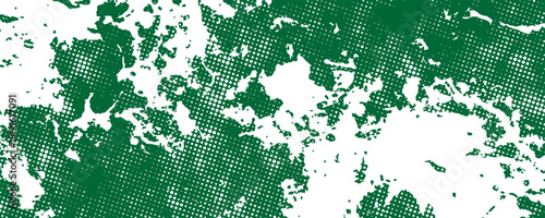 Grungy urban style background with green paint blots and white halftone overlay.
