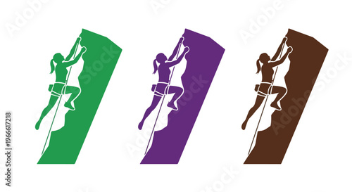 Colorful rock climbing silhouettes in green, purple, and brown on white background