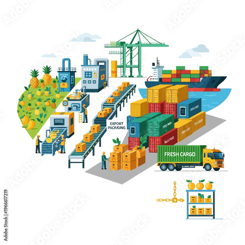 Illustration of the entire process of agricultural product export, from cultivation and processing to packaging and international shipping.