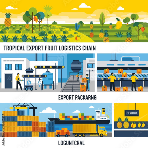 Illustration of the tropical export fruit logistics chain, from cultivation to packaging and international shipping.