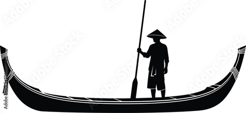Black silhouette of a traditional Asian fisherman wearing a conical hat and standing on a long tail boat holding an oar on white background