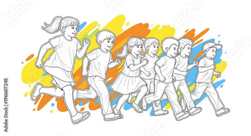 Children running happily in a line with colorful abstract background.