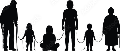 Black silhouette of a multi generational family including elderly grandparents and young children connected by ropes representing legacy unity support 