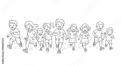 Children running happily together in a group illustration.