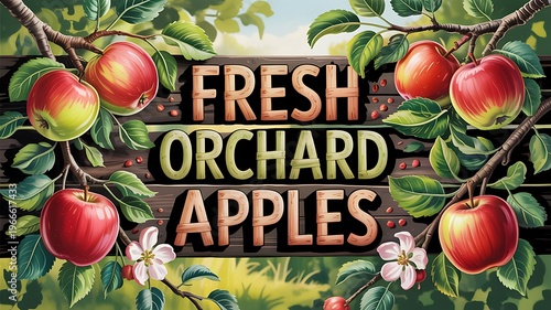 Fresh Orchard Apples with Vibrant Red and Green Fruit on Wooden Sign Illustration