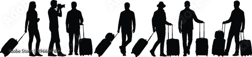 Large collection of black silhouettes featuring various travelers tourists and photographers pulling rolling suitcases and luggage isolated on a clean white background for travel designs