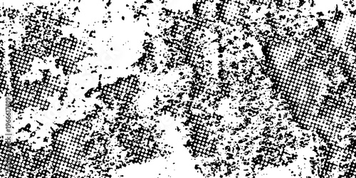 Grungy urban style background with black paint blots and white halftone overlay.
