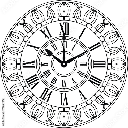 Black and white clock face with roman numerals and ornate circular border