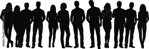 Set of black silhouettes of diverse men and women standing in a row together representing a community team group or crowd of people
