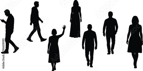 Set of black silhouettes of diverse men and women walking standing waving and using phone in various casual poses isolated on white background