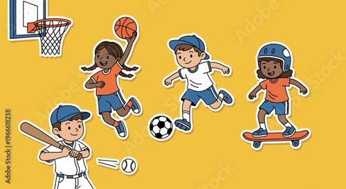 Diverse group of children engaged in various sports and recreational activities