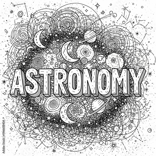 Artistic celestial scene with 'ASTRONOMY' text, showcasing a detailed cosmic doodle design of planets, moons, and galaxies