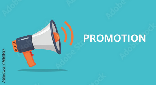 Megaphone announcing 'Promotion' message, a flat design illustration symbolizing marketing, advertising, and business communication