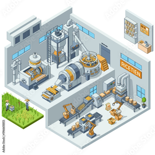 Isometric illustration of a modern rice processing factory, showcasing the entire production line from harvesting to packaging.