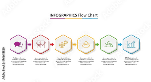 Modern business process infographic template with six hexagonal steps and various icons for sequential data visualization and presentation