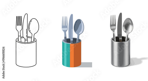 Collection of various styles illustrating kitchen utensils a fork, knife, and spoon neatly organized in a holder, presented as line art, colorful flat design, and detailed 3D render