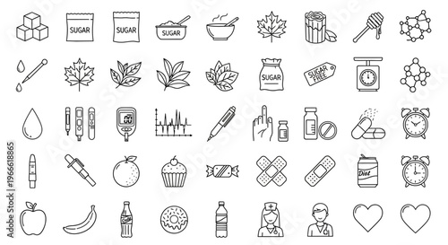 Extensive Collection of Diabetes Management and Blood Sugar Control Line Icons Set for Healthcare and Wellness Designs