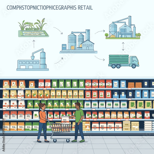 Illustration depicting the agricultural supply chain from farm to retail shelf, showing cultivation, processing, and distribution to consumers.