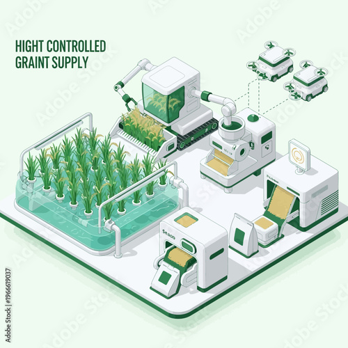 Automated high-tech vertical farm system for efficient grain production and supply chain management, featuring robotic harvesters, drones, and processing units.