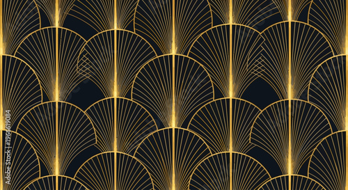 Elegant Gold Art Deco Fan Pattern on Dark Background, Seamless Geometric Luxury Design with Shimmering Lines for Vintage Style and Sophistication