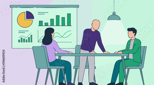 Business team analyzing data and discussing charts in a meeting