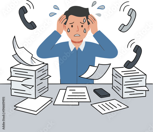 Overwhelmed businessman struggling with paperwork and ringing phones at office desk
