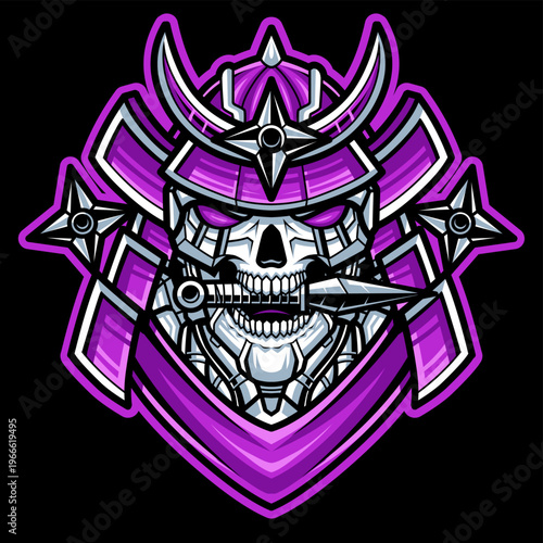Vector illustration of a futuristic purple mecha samurai head biting a kunai, detailed mechanical armor design in cyberpunk style. Perfect for gaming mascots, esports logos, and t-shirt designs.
‎