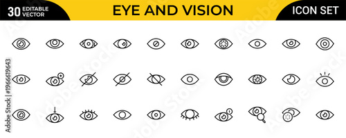 Eye and Vision Line Icon Set – Optical, Sight, Anatomy and Perception Outline Icons Collection, Editable Vector Illustration