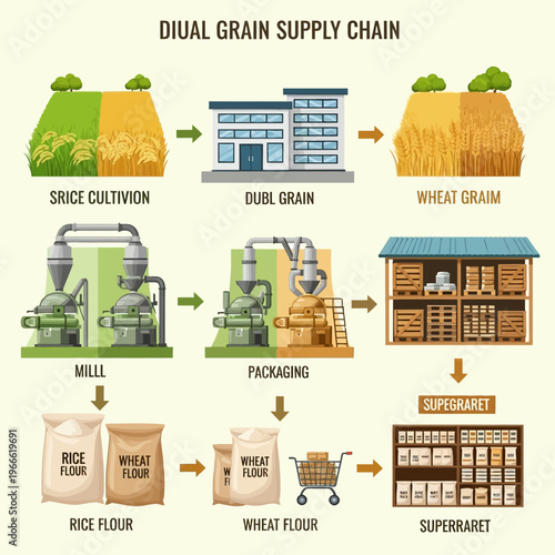 Visual representation of the dual grain supply chain, illustrating rice and wheat cultivation, processing, packaging, and distribution to supermarkets.
