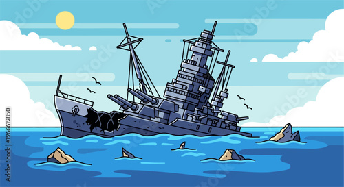 A cartoon illustration of a damaged battleship sinking in the blue ocean with birds flying around and rocks in the water under a sunny sky.