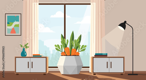 Cozy modern room interior featuring a large geometric pot with growing carrots and green plants by a bright window.