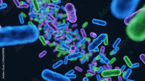 3D Microscopic Colorful Bacteria and Microorganisms Floating on Dark Background Science Concept