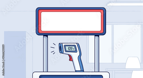 Medical digital infrared non-contact thermometer showing a high temperature reading of 109 degrees in an office.