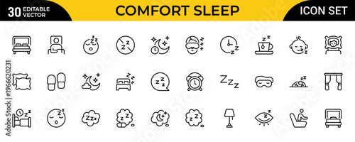 Comfort Sleep Line Icon Set – Bedding, Pillow Positions, Sleeping and Relaxation Outline Icons Collection for Wellness and Bedtime, Editable Vector Illustration
