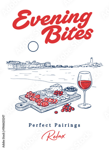 Mediterranean charcuterie board with wine glass and coastal town view, hand drawn line art illustration for restaurant poster or menu