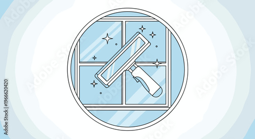 Cleaning squeegee wiping a window surface perfectly clean with soap suds and sparkles inside a blue circular icon.