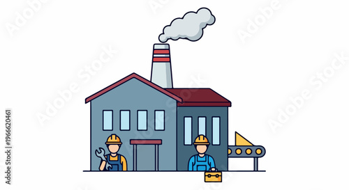 Flat illustration of two industrial workers standing outside a factory building with a conveyor belt and smokestack.