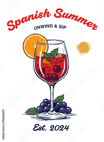 Spanish summer red wine sangria cocktail with orange and grapes, vintage hand drawn graphic illustration for t-shirt design and posters