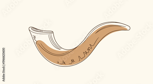 Artistic hand-drawn illustration of a traditional shofar horn used during Rosh Hashanah and Yom Kippur on a plain background.
