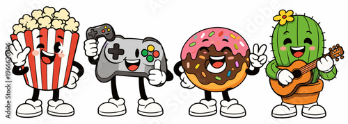 Cute mascot collection featuring popcorn, game controller, donut, and cactus musicians. Fun cartoon characters for stickers, kids branding, gaming, food, and cheerful merch design.