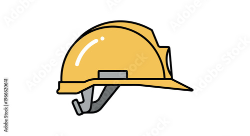 A yellow hard hat with a gray chin strap on a white background, simple line drawing.